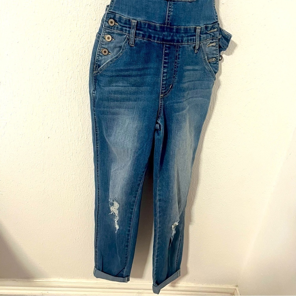 KanCan Women’s Small Dark Wash Distressed Overall Jeans Size Small Cottagecore - Picture 4 of 10
